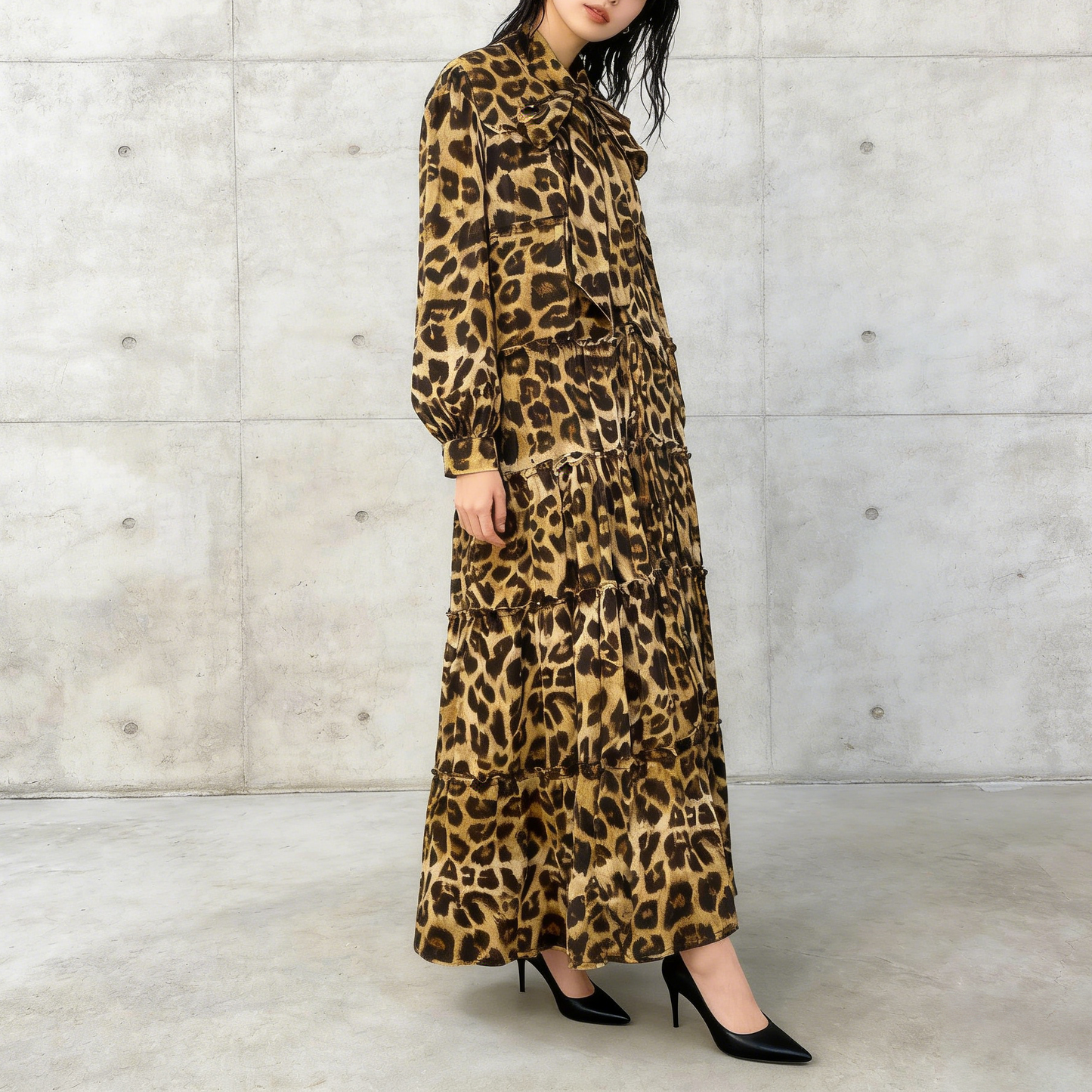 【ワンピース】プリントVネック お腹周りカバー フリル 長袖 ワンピース 【SHシリーズ】