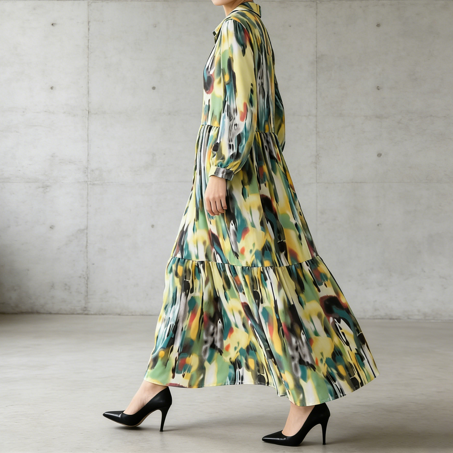 4カラー【ワンピース】個性派 グラデーション柄 長袖 ゆったりシルエット 体型カバー Aライン フレア シャツワンピース レディース ワンピース【SHシリーズ】