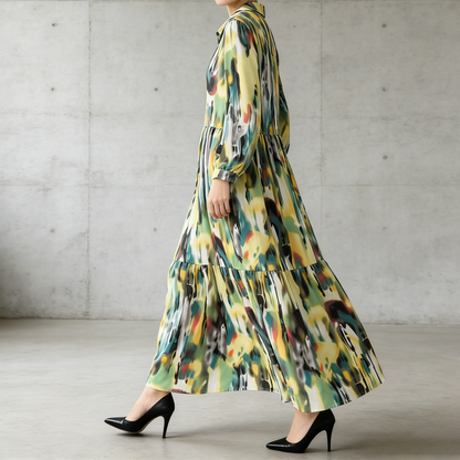 4カラー【ワンピース】個性派 グラデーション柄 長袖 ゆったりシルエット 体型カバー Aライン フレア シャツワンピース レディース ワンピース【SHシリーズ】