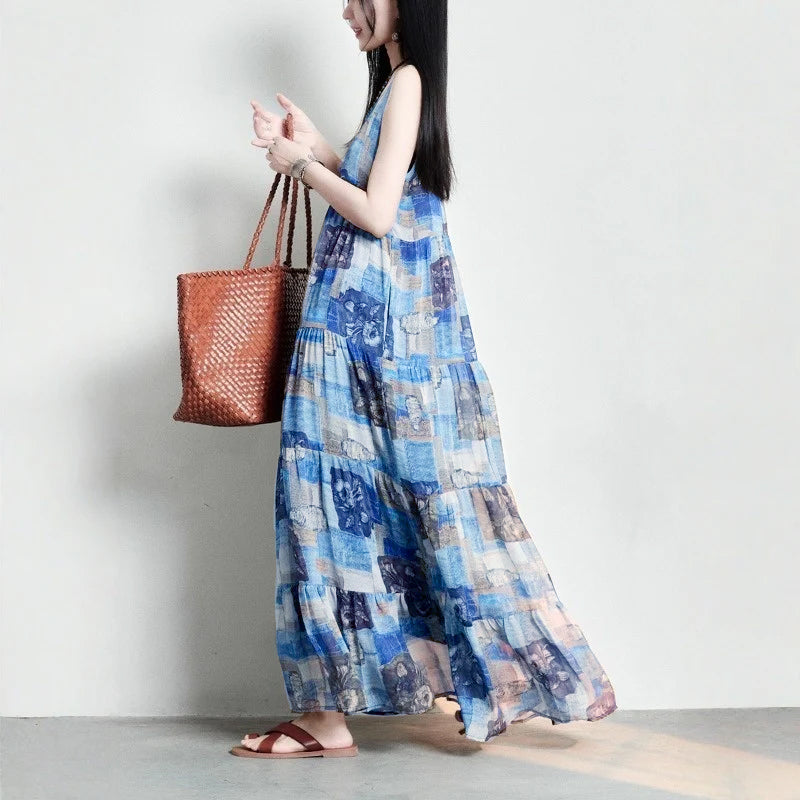 期間限定⭐️60%OFF【ワンピース】コットンリネン 抽象柄プリント ゆったりした ノースリーブワンピース 【SHシリーズ】
