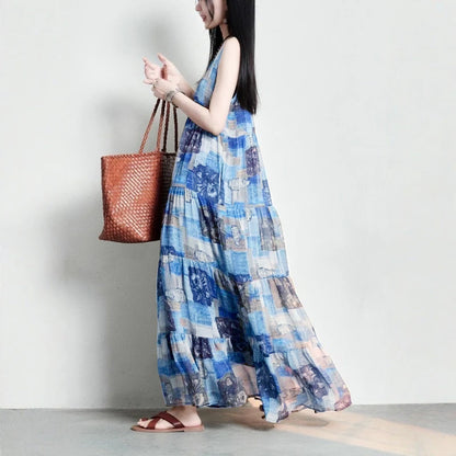期間限定⭐️60%OFF【ワンピース】コットンリネン 抽象柄プリント ゆったりした ノースリーブワンピース 【SHシリーズ】