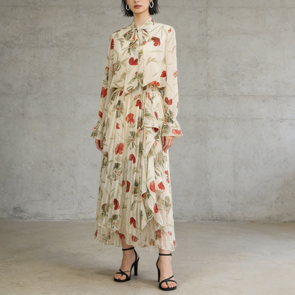 期間限定⭐️60%OFF【ワンピース】リボン付き シフォン ハイウエスト 小花柄 長袖 ワンピース 【SHシリーズ】