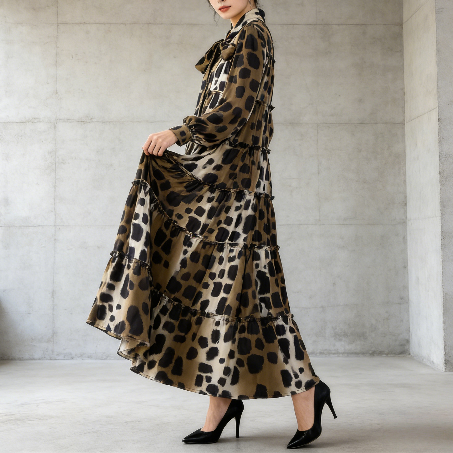 【ワンピース】プリントVネック お腹周りカバー フリル 長袖 ワンピース 【SHシリーズ】