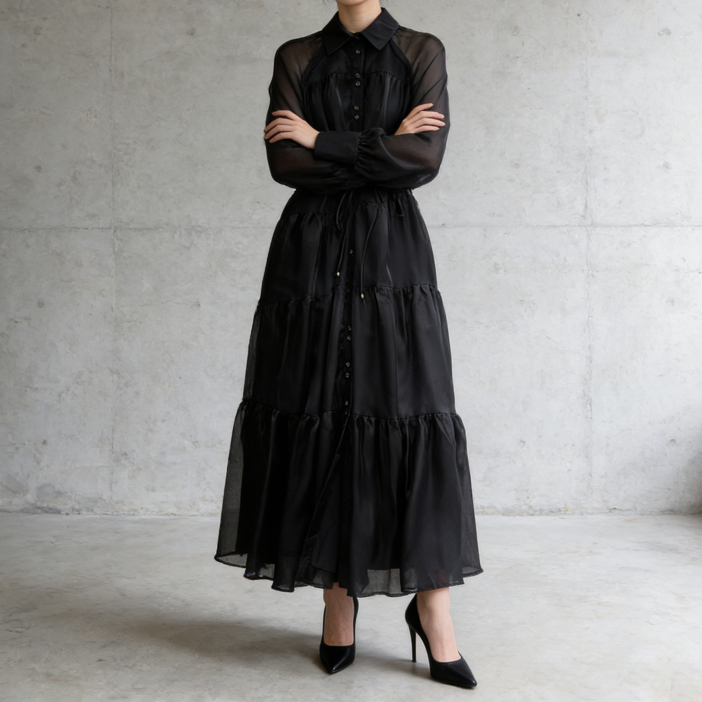 【ワンピース】レオパード柄 ウエストマーク 細見え チュール ボリュームフレア 長袖ワンピース【SHシリーズ】【15～20日内発送】