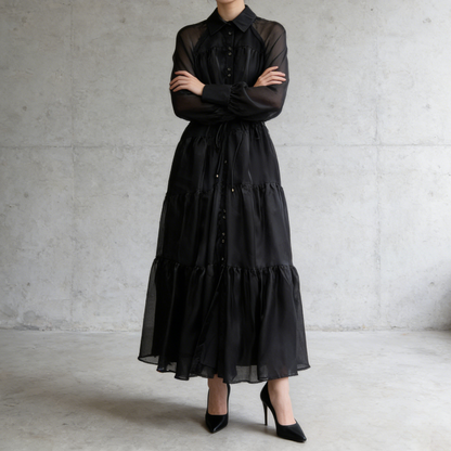 【ワンピース】レオパード柄 ウエストマーク 細見え チュール ボリュームフレア 長袖ワンピース【SHシリーズ】【15～20日内発送】