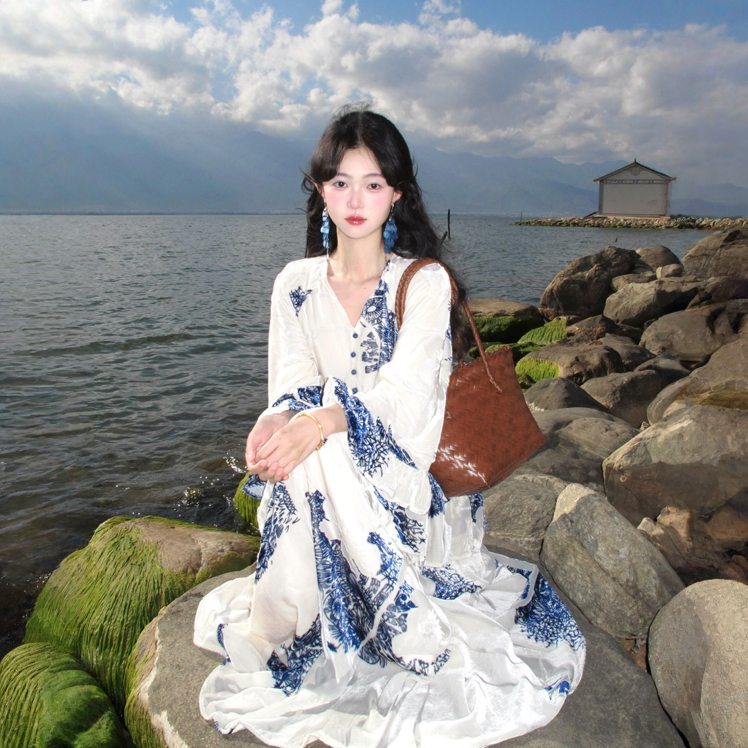 【ワンピース】チャイナテイスト ブルーホワイト柄 フリル フレア 長袖 ワンピース 【SHシリーズ】
