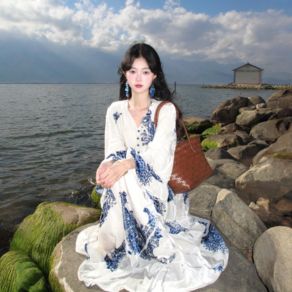 【ワンピース】チャイナテイスト ブルーホワイト柄 フリル フレア 長袖 ワンピース 【SHシリーズ】