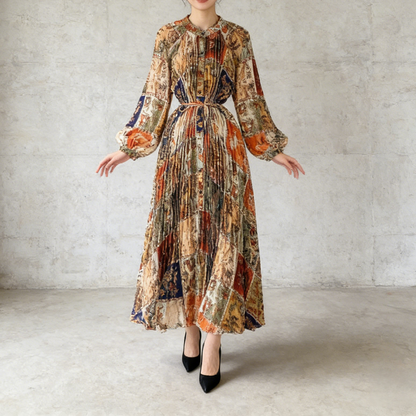 【ワンピース】ラウンドネック サテン プリント プリーツ 長袖 ワンピース 【SHシリーズ】