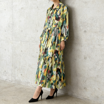 4カラー【ワンピース】個性派 グラデーション柄 長袖 ゆったりシルエット 体型カバー Aライン フレア シャツワンピース レディース ワンピース【SHシリーズ】