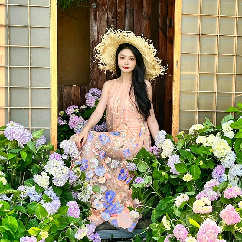 【ワンピース】花モチーフワンピース レディース ノースリーブ シアーデザイン 旅行 リゾートスタイル【SHシリーズ】
