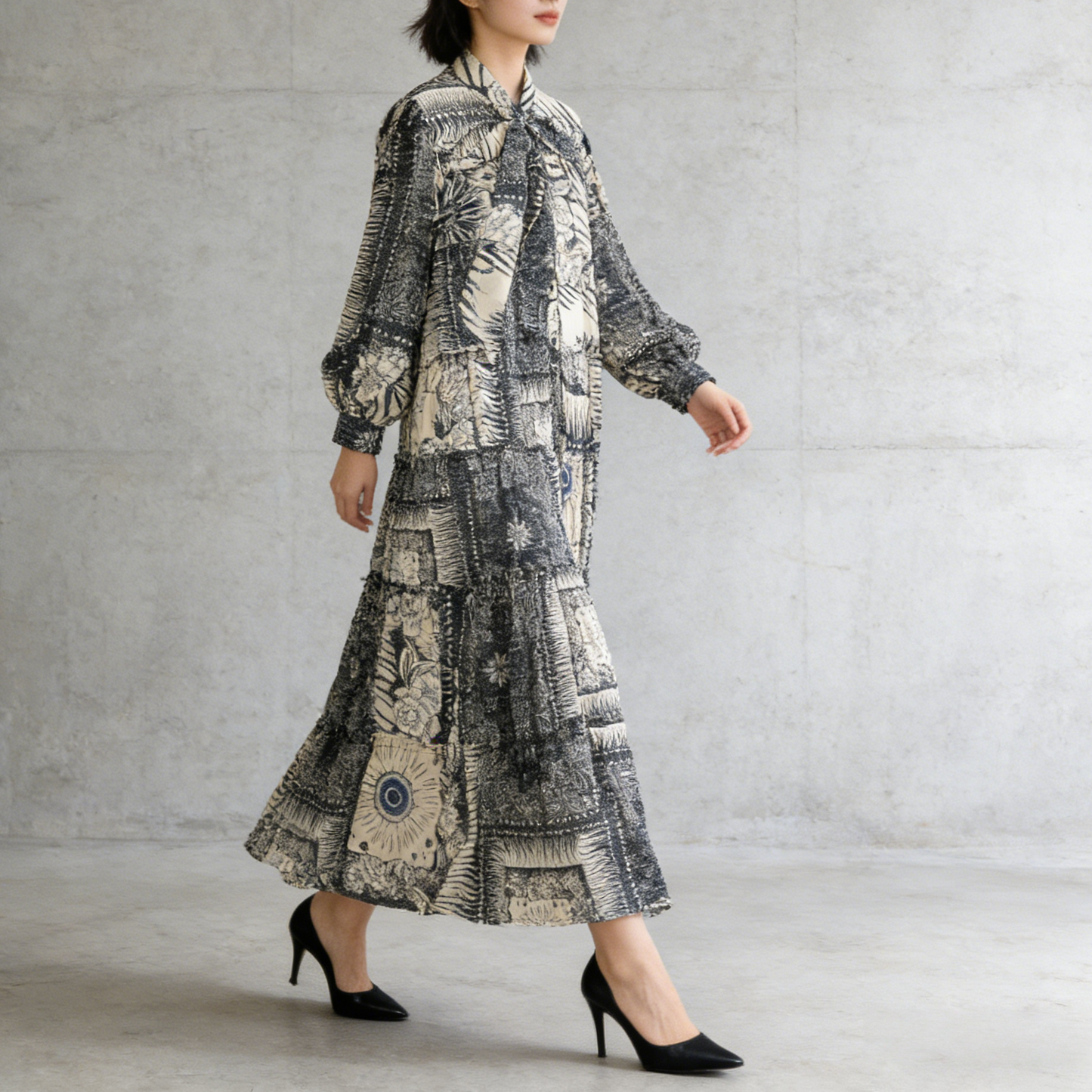 【ワンピース】プリントVネック お腹周りカバー フリル 長袖 ワンピース 【SHシリーズ】