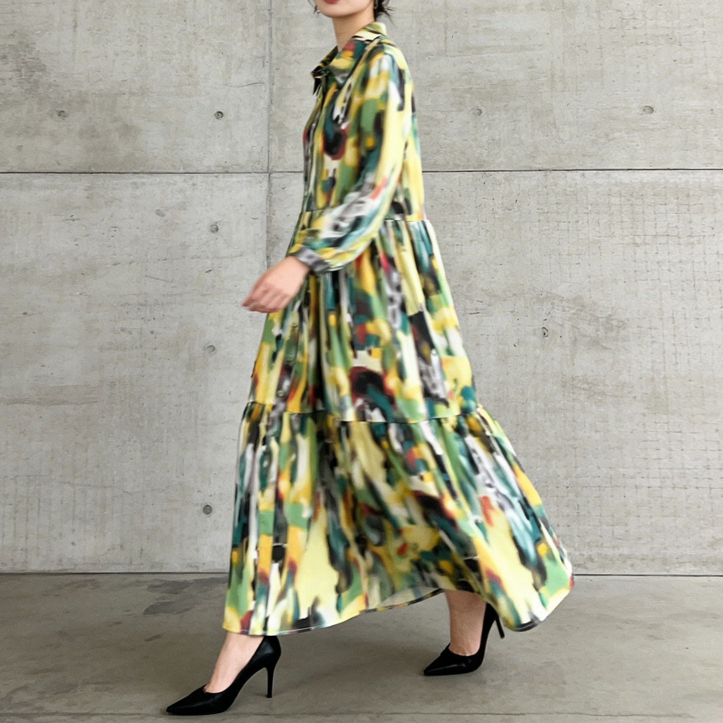 4カラー【ワンピース】個性派 グラデーション柄 長袖 ゆったりシルエット 体型カバー Aライン フレア シャツワンピース レディース ワンピース【SHシリーズ】