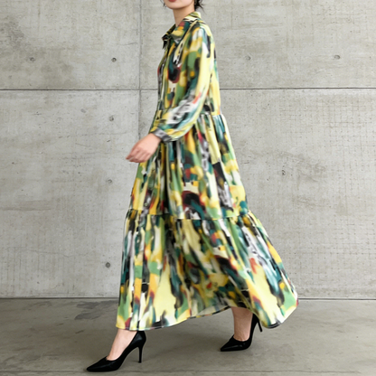 4カラー【ワンピース】個性派 グラデーション柄 長袖 ゆったりシルエット 体型カバー Aライン フレア シャツワンピース レディース ワンピース【SHシリーズ】