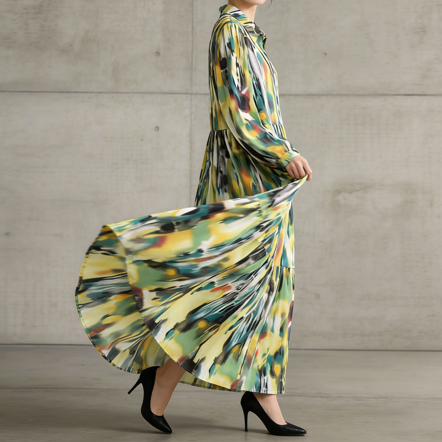 4カラー【ワンピース】個性派 グラデーション柄 長袖 ゆったりシルエット 体型カバー Aライン フレア シャツワンピース レディース ワンピース【SHシリーズ】