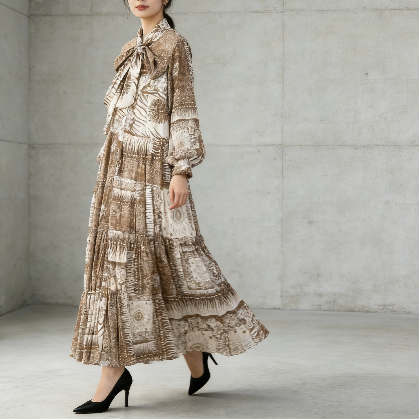 【ワンピース】プリントVネック お腹周りカバー フリル 長袖 ワンピース 【SHシリーズ】