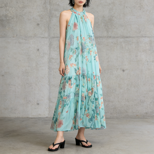 【ワンピース】リゾート ホルターネック バックオープン シフォン フレア ノースリーブ ビーチワンピース 【SHシリーズ】