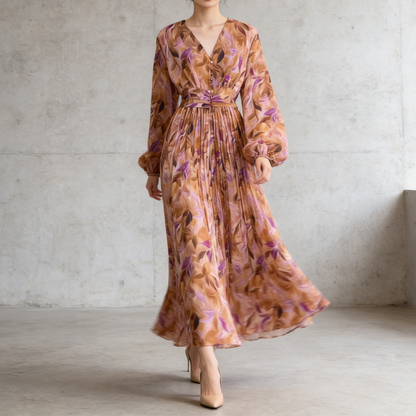 【ワンピース】大人フェミニン♡フレンチレトロ 長袖 花柄ワンピース｜ウエストマーク＆パフスリーブで細見え【SHシリーズ】