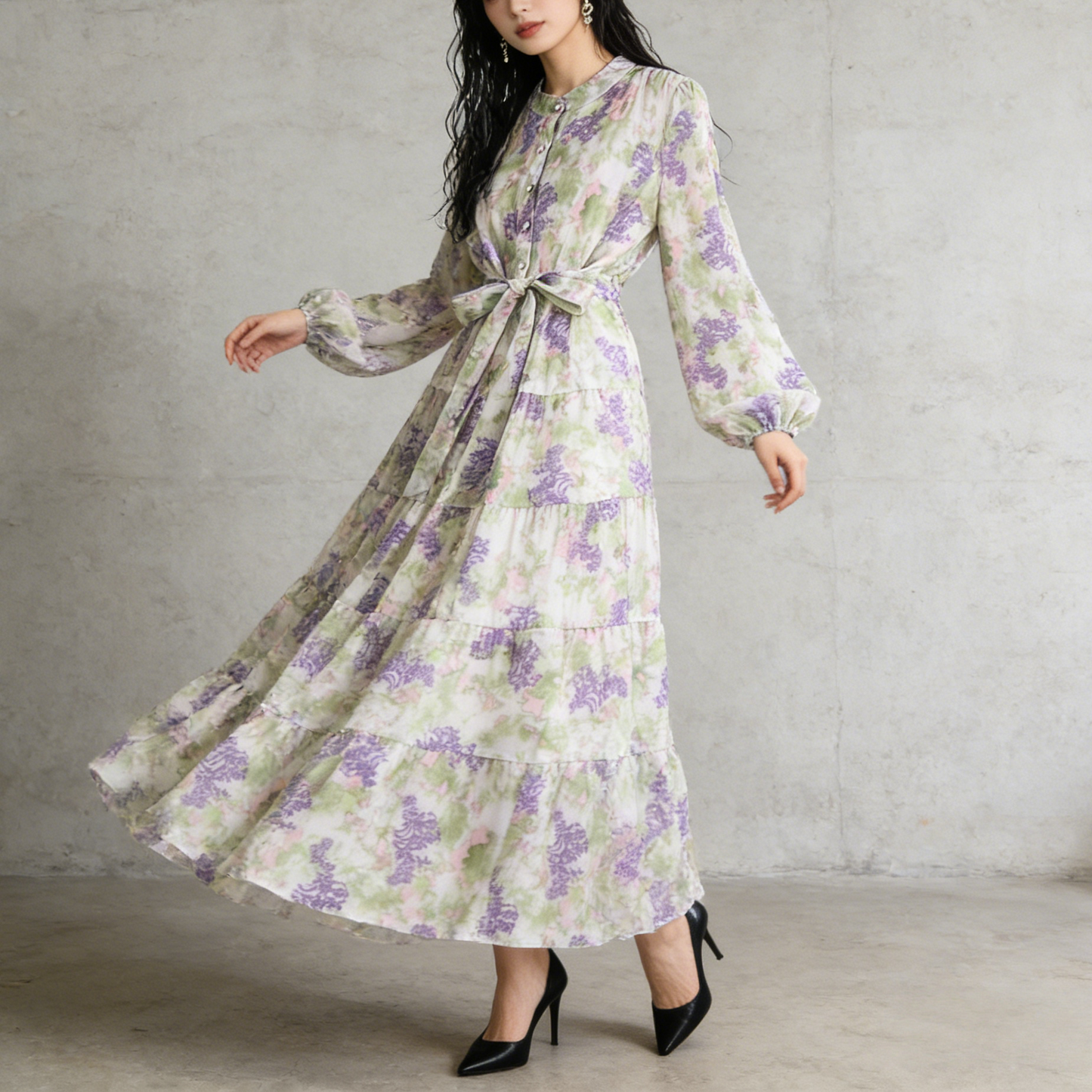 【ワンピース】シフォン フェミニン ウエスト切り替え 長袖 ワンピース【SHシリーズ】