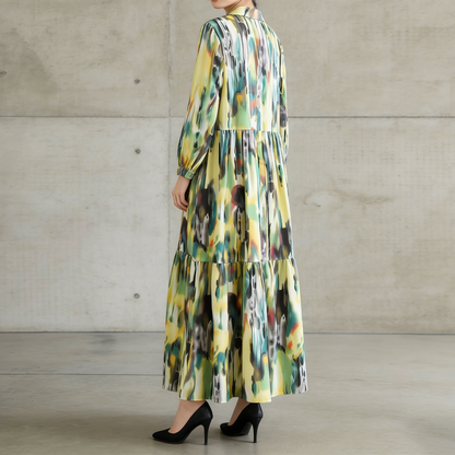 4カラー【ワンピース】個性派 グラデーション柄 長袖 ゆったりシルエット 体型カバー Aライン フレア シャツワンピース レディース ワンピース【SHシリーズ】