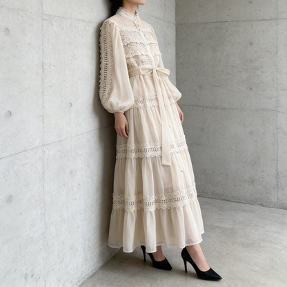 【ワンピース】フレンチヴィンテージ レース切替 スタンドカラー ウエストマーク フレア 長袖ワンピース【JZシリーズ】