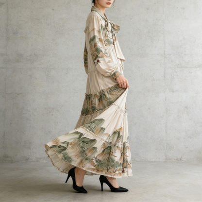 【ワンピース】プリントVネック お腹周りカバー フリル 長袖 ワンピース 【SHシリーズ】