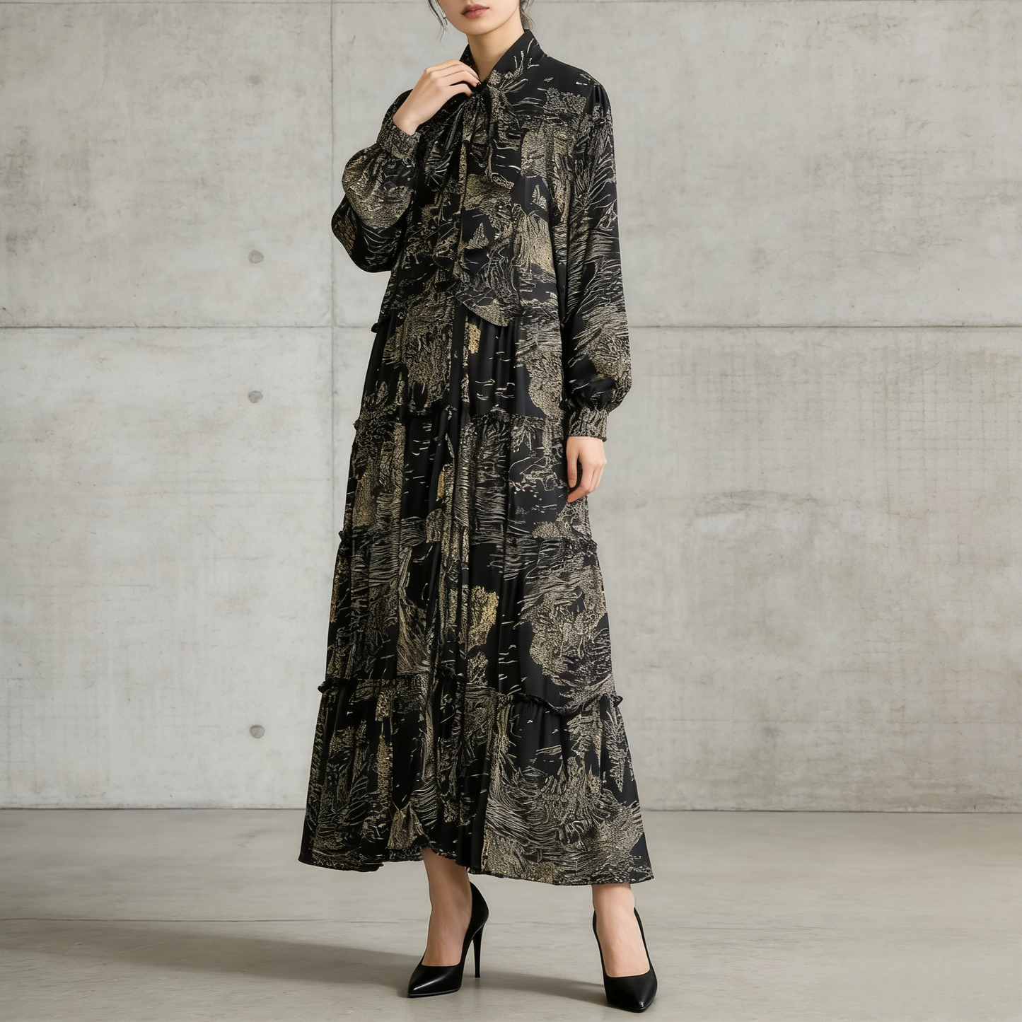 【ワンピース】プリントVネック お腹周りカバー フリル 長袖 ワンピース 【SHシリーズ】