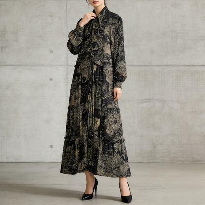 【ワンピース】プリントVネック お腹周りカバー フリル 長袖 ワンピース 【SHシリーズ】