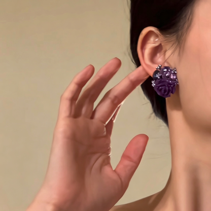 【グッズ】華やかフラワーピアス レディース パープル 花モチーフ 個性的 大人っぽい 韓国風