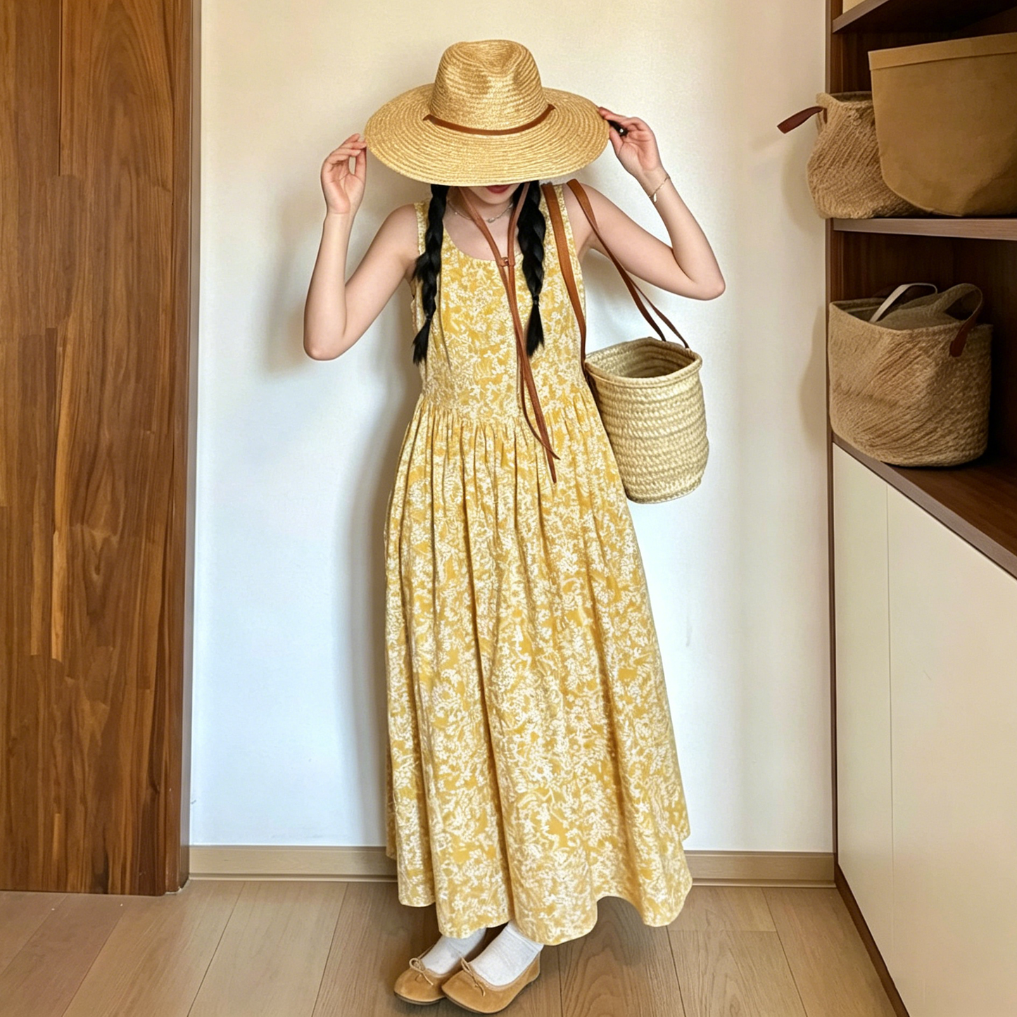 【ワンピース】リゾート風 花柄 ノースリーブ ワンピース レディース 夏 ウエストマーク 着痩せ Uネック ロングワンピース【SHシリーズ】