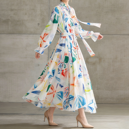 【ワンピース】フレンチエレガンス 気質 レディース シフォン 長袖ワンピース 蝶結びネック フレア 大人可愛い【SHシリーズ】