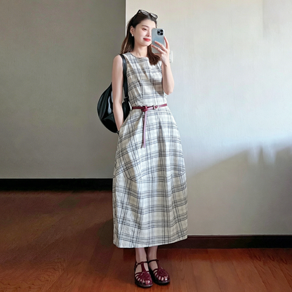 【ワンピース】レトロ チェック柄 ノースリーブ ワンピース レディース 春夏 ウエストマーク 上品 高級感 きれいめ ロングワンピース【JZシリーズ】