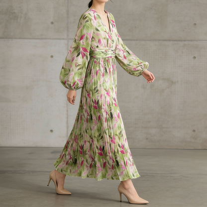 【ワンピース】Vネック ランタンスリーブ ウエストマーク プリーツ加工 花柄 フレア ロングワンピース レディース【SHシリーズ】