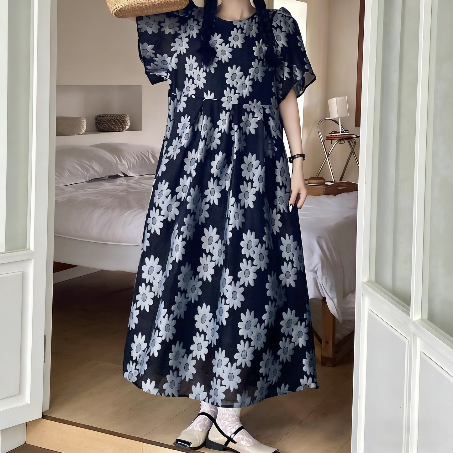 【ワンピース】【3色展開】夏新作 日韓風 大きいサイズ ゆったりシルエット 半袖 花柄ロングワンピース レディース【SHシリーズ】