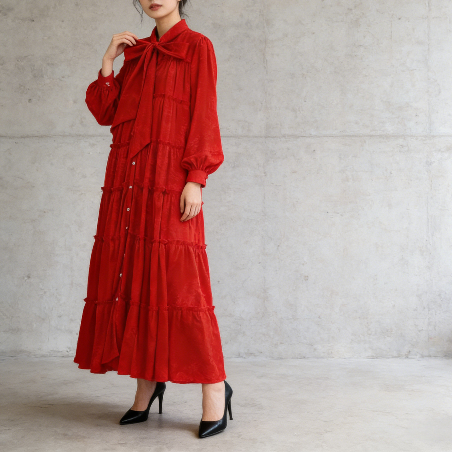 【ワンピース】プリントVネック お腹周りカバー フリル 長袖 ワンピース 【SHシリーズ】