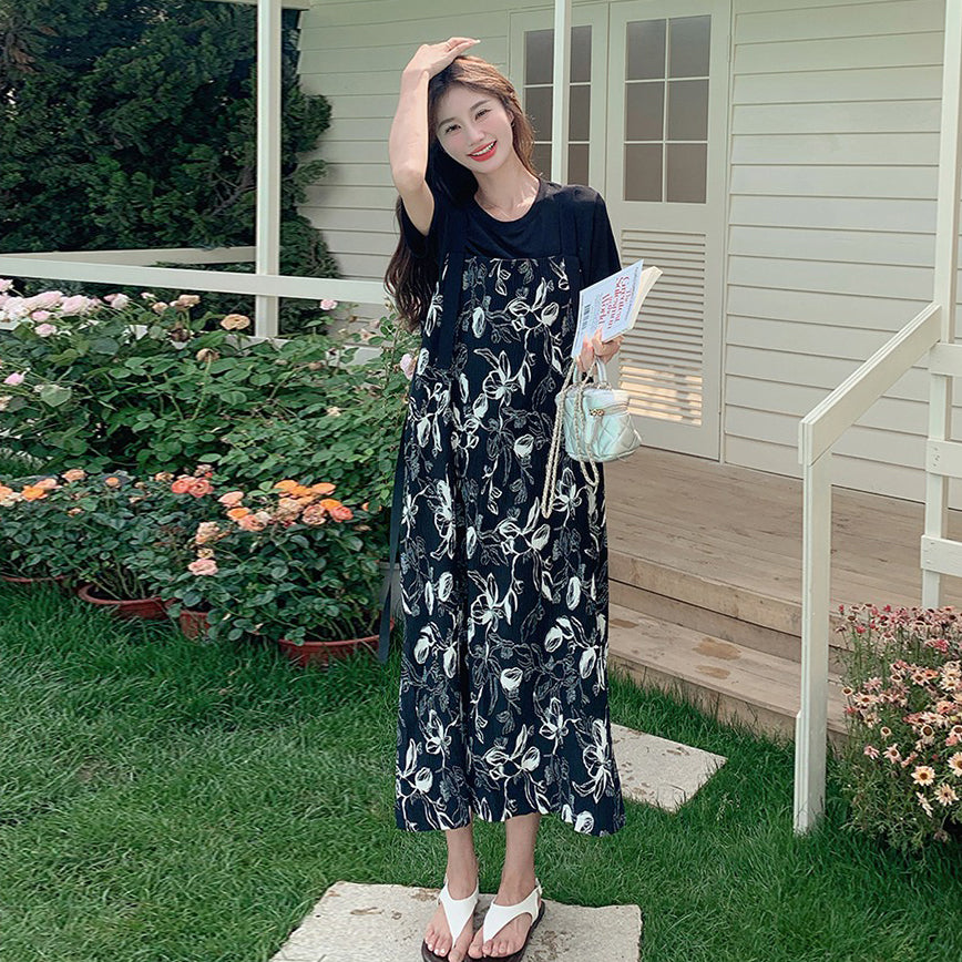 2点セット！【セットアップ】着回し力◎Tシャツ＋花柄ノースリーブワンピースセット 甘めナチュラル 初恋風コーデ【SHシリーズ】