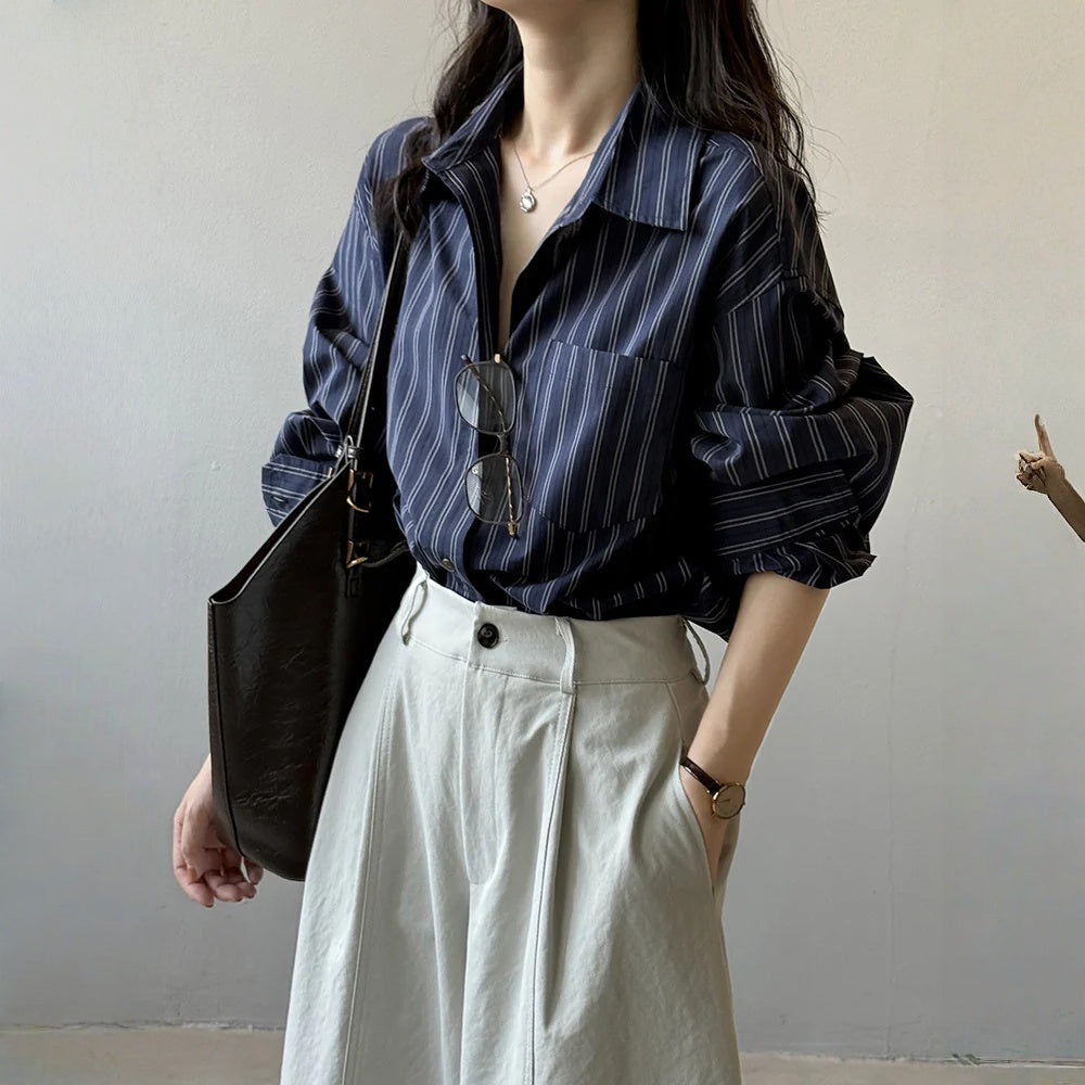 【トップス】春 秋 夏 冬 ストライプ柄 立襟 長袖 シャツ 【JZシリーズ】