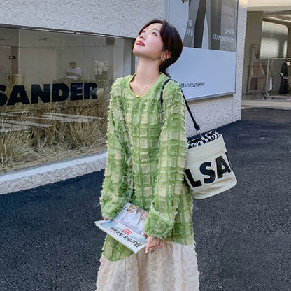 【ワンピース】グリーンチェック切り替え ロングワンピース レディース 春新作 長袖 マーメイドシルエット 上品 体型カバー【SHシリーズ】