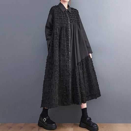 期間限定⭐️60%OFF【ワンピース】韓国風 ワイドシルエット 大きいサイズ チュール切り替え ミモレ丈ワンピース 長袖 レトロナチュラル【AHシリーズ】