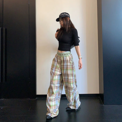 【ボトムス】チェック柄 ストレート デザイン性のある レトロ ワイドパンツ 【FCシリーズ】