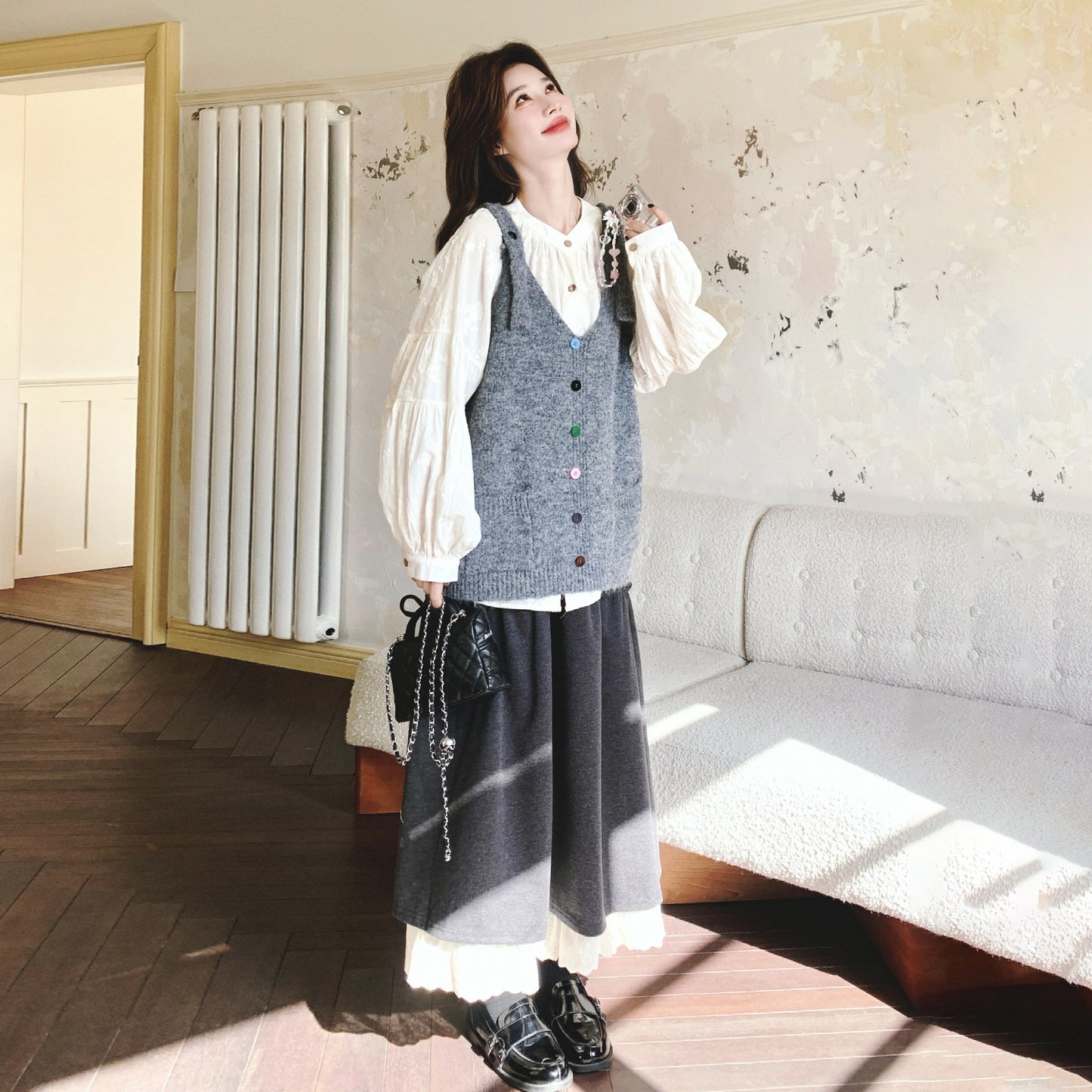 3点セット！【セットアップ】春新作 森ガール風 ニットベスト＋シャツ＋スカート 3点 上下セット 気質アップ＆若見えコーデ【JZシリーズ】