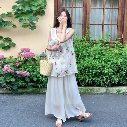 2点セット！【セットアップ】森ガール風 刺繍上下セット レディース 夏 トップス×ワイドパンツ きれいめ ナチュラル【SHシリーズ】