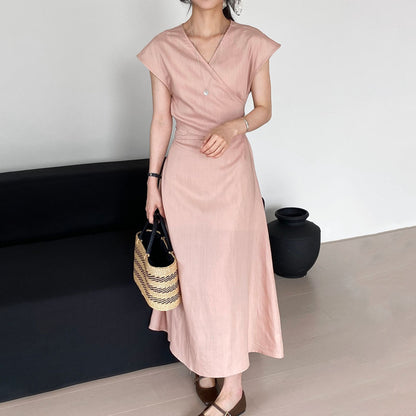 【ワンピース】リネンワンピース レディース フレンチ風 Vネック ウエストリボン Aライン ロング丈 通勤 体型カバー 夏新作【JZシリーズ】