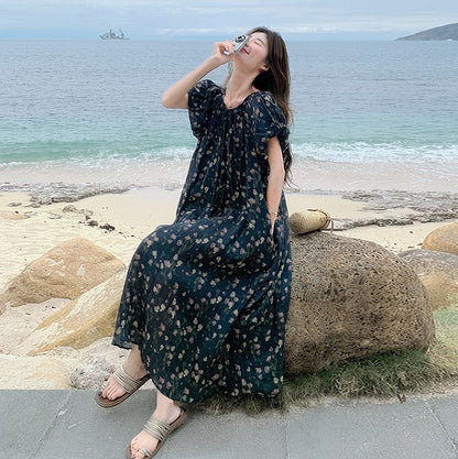 【ワンピース】ビーチリゾート風 リラックス感 花柄 半袖ワンピース レディース  個性的で美しいロングドレス【SHシリーズ】