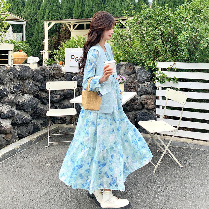 2点セット！【セットアップ】 ニットベスト×花柄 長袖ワンピース フレンチ風 リボン付き 若見えロング丈 セット【SHシリーズ】