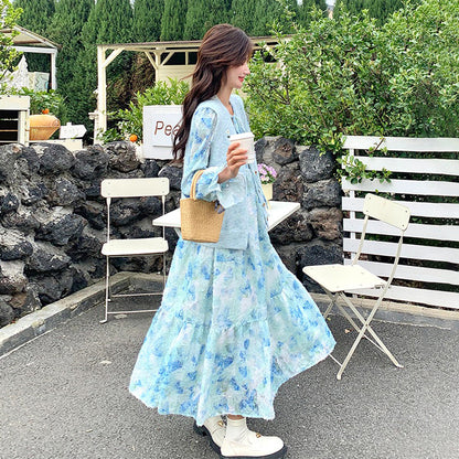 2点セット！【セットアップ】 ニットベスト×花柄 長袖ワンピース フレンチ風 リボン付き 若見えロング丈 セット【SHシリーズ】