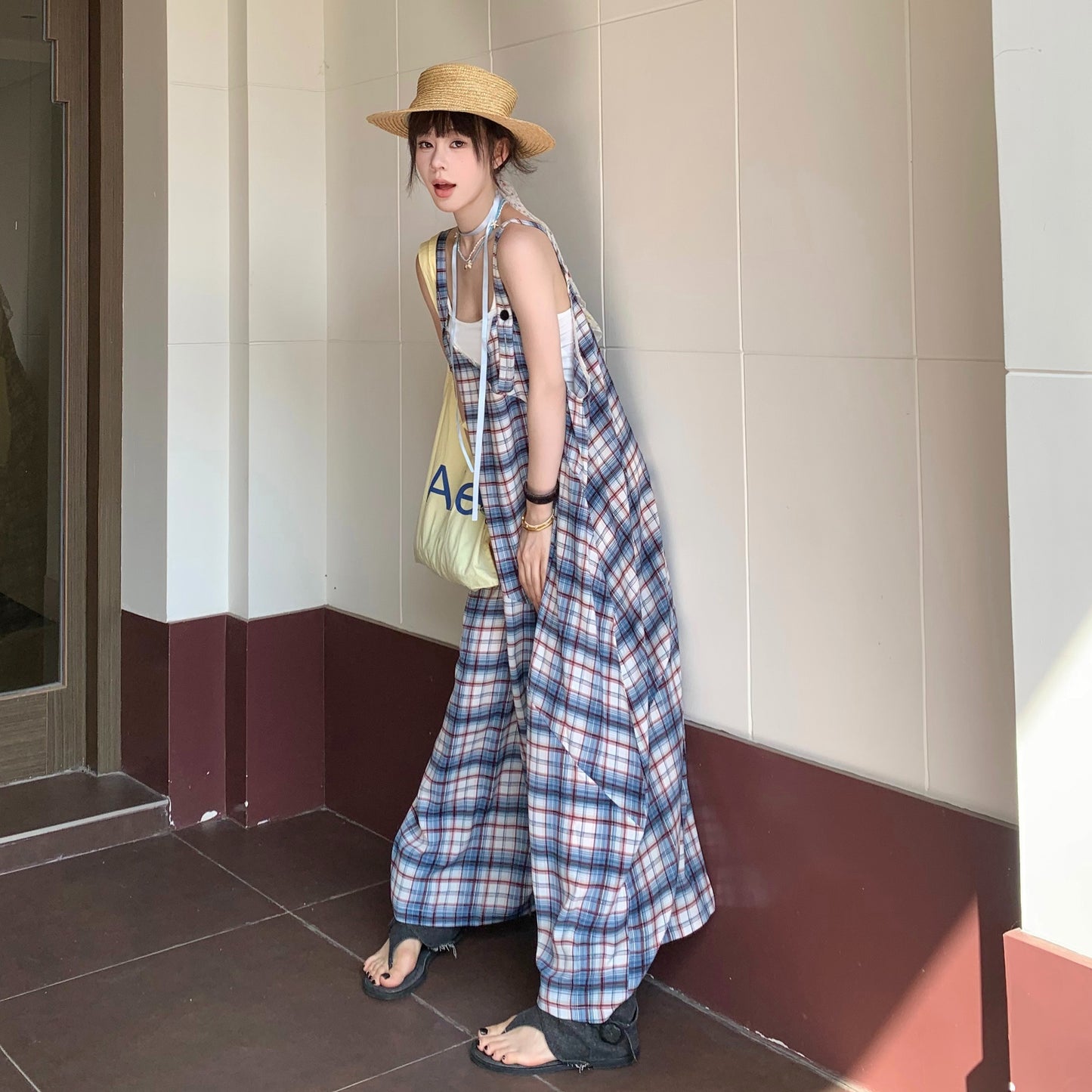 【ボトムス】ゆったりリラックス感 Vネック レトロチェック柄 オールインワン【SHシリーズ】