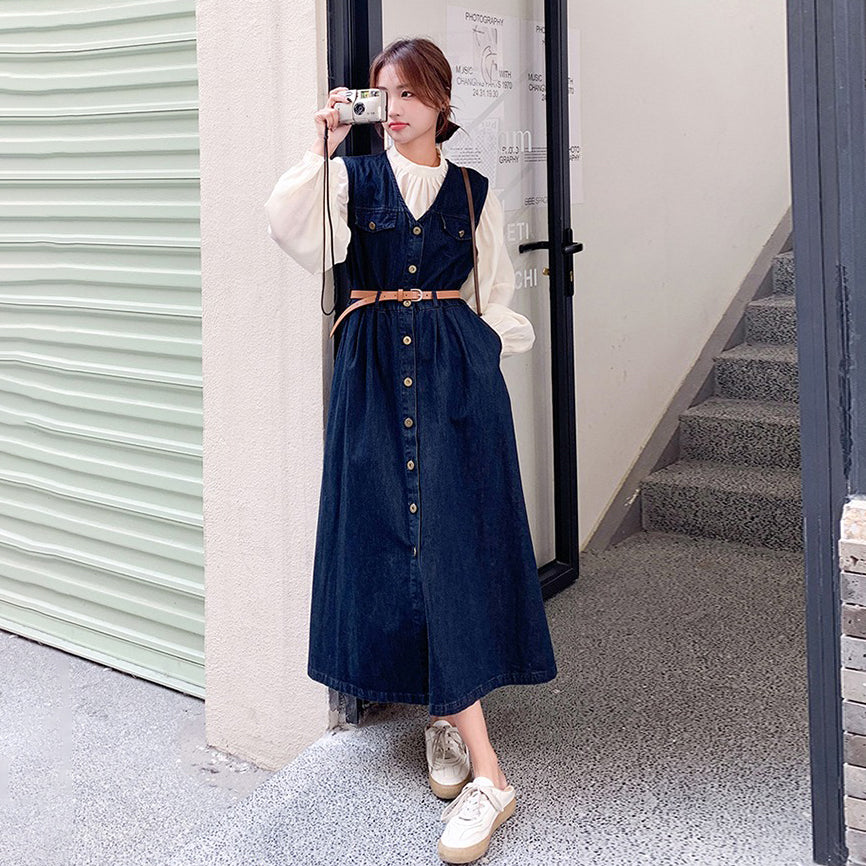 2点セット！【セットアップ】ヴィンテージデニムワンピースセット レディース 春秋 エレガント おしゃれ ブラウス＋キャミワンピース 2点セット【JZシリーズ】