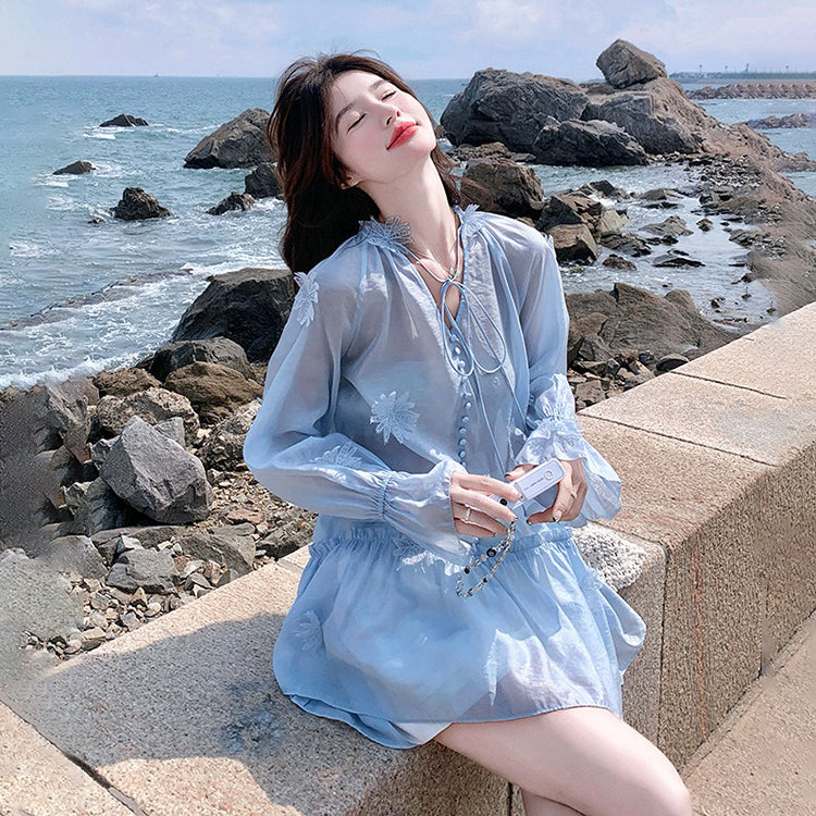 2点セット！【セットアップ】リゾート風 立体フラワー UVカット 長袖トップス＋ショートパンツ 上下セット【SHシリーズ】