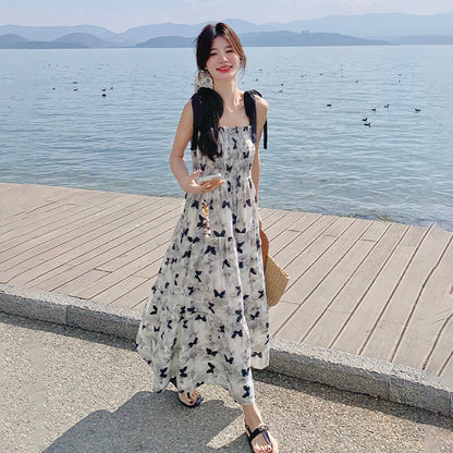 【ワンピース】夏 優しくかわいらしい 水墨蝶柄 カラーブロック ノースリーブワンピース【SHシリーズ】