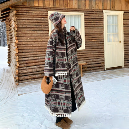 【アウター】エスニック プリント 合わせやすい 春 秋 冬 マフラー 帽子 綿入り コート 3点セット【SHシリーズ】